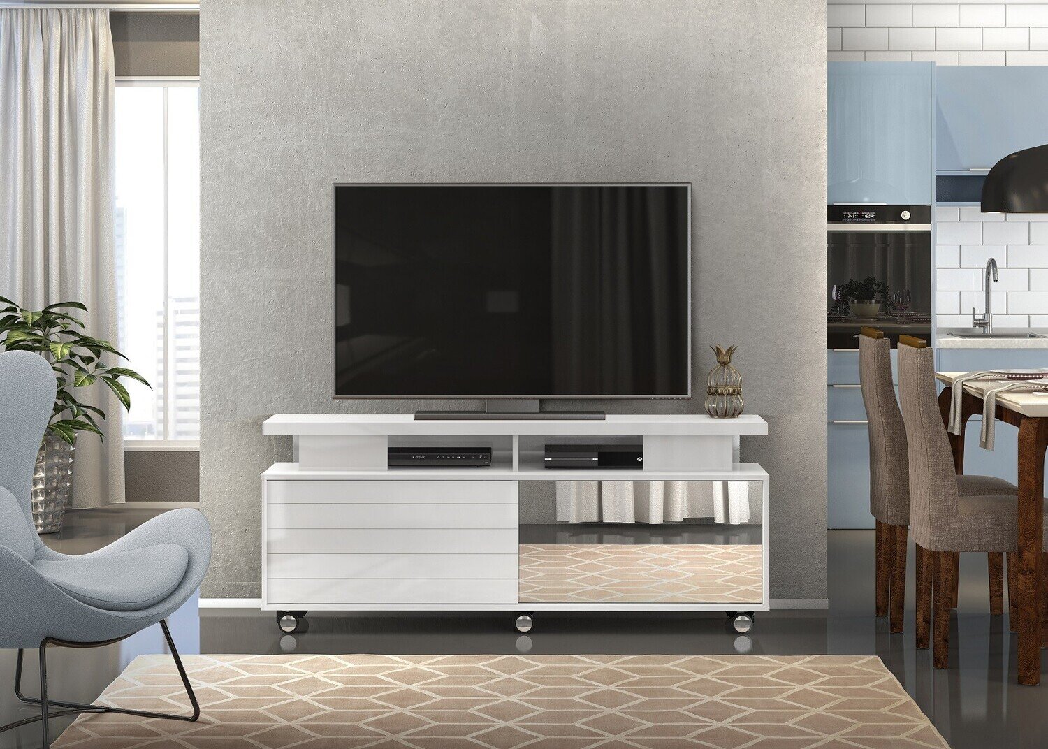 Mueble AGATHA, multiusos, madera, espejo, blanco brillo, 150 cms.