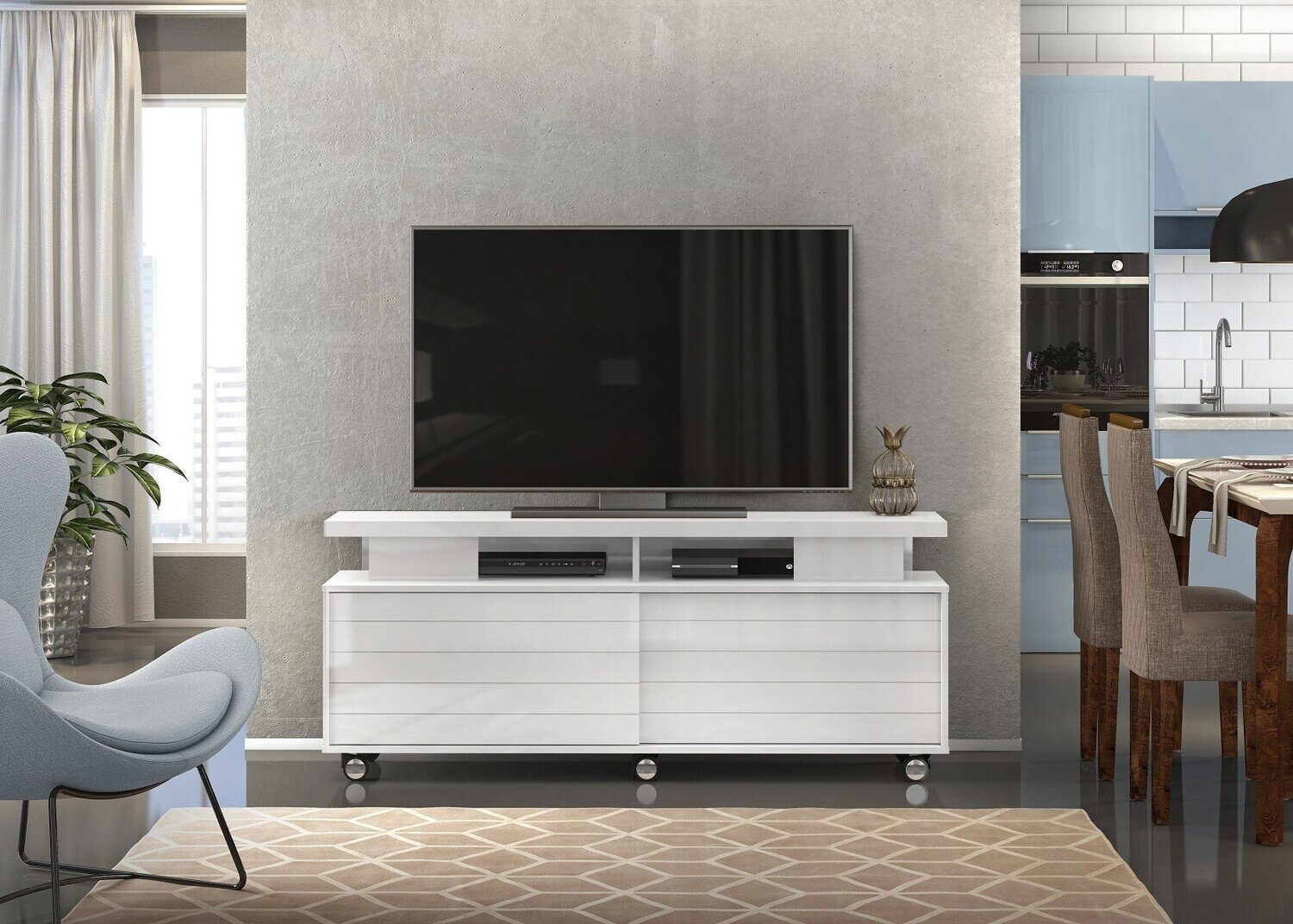 Mueble AGATHA, multiusos, madera, blanco brillo, 150 cms.