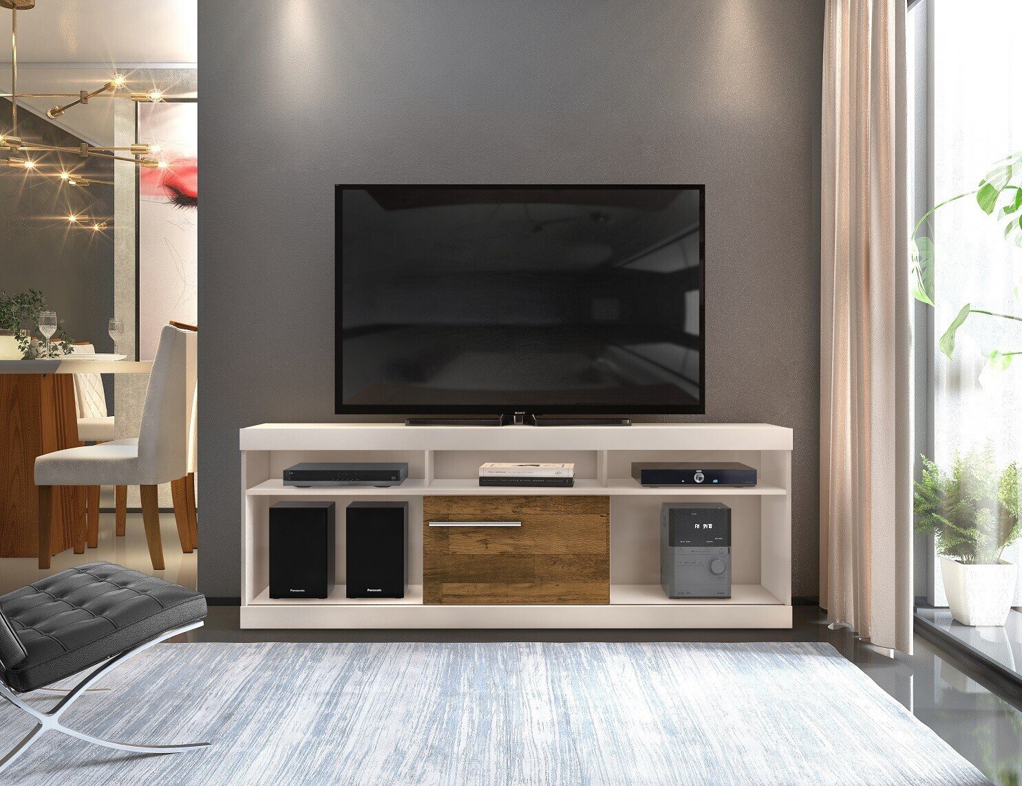 Mueble HANNIA, multiusos, madera, blanco roto y vintage, 180 cms.