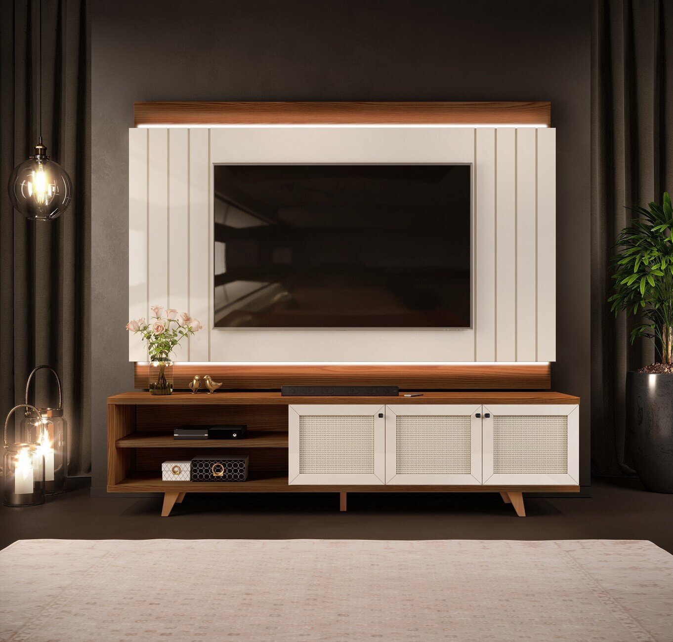 Mueble y panel VINTAGE, madera, marroquin y blanco roto, 220 cms.