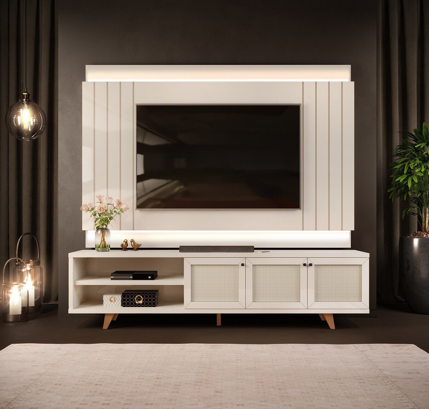 Mueble y panel VINTAGE, madera, blanco roto, 220 cms.