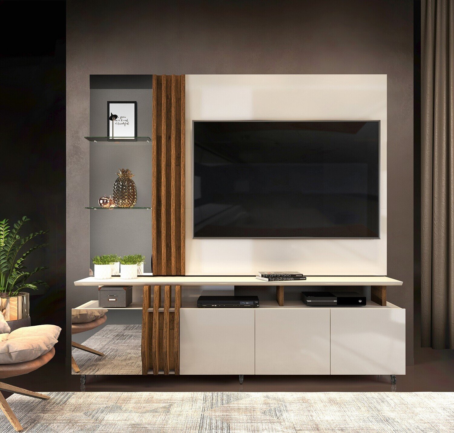 Mueble y panel DONNA, madera, blanco roto y demolici�n, 200 cms.