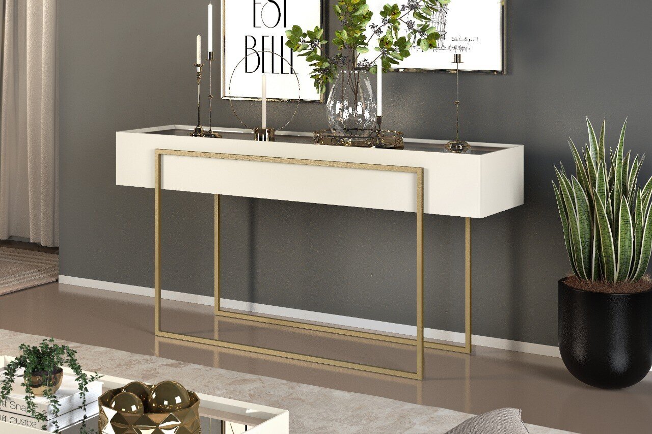 Consola PILAR, metal, espejo, DM blanco roto, 137 x 40 cms