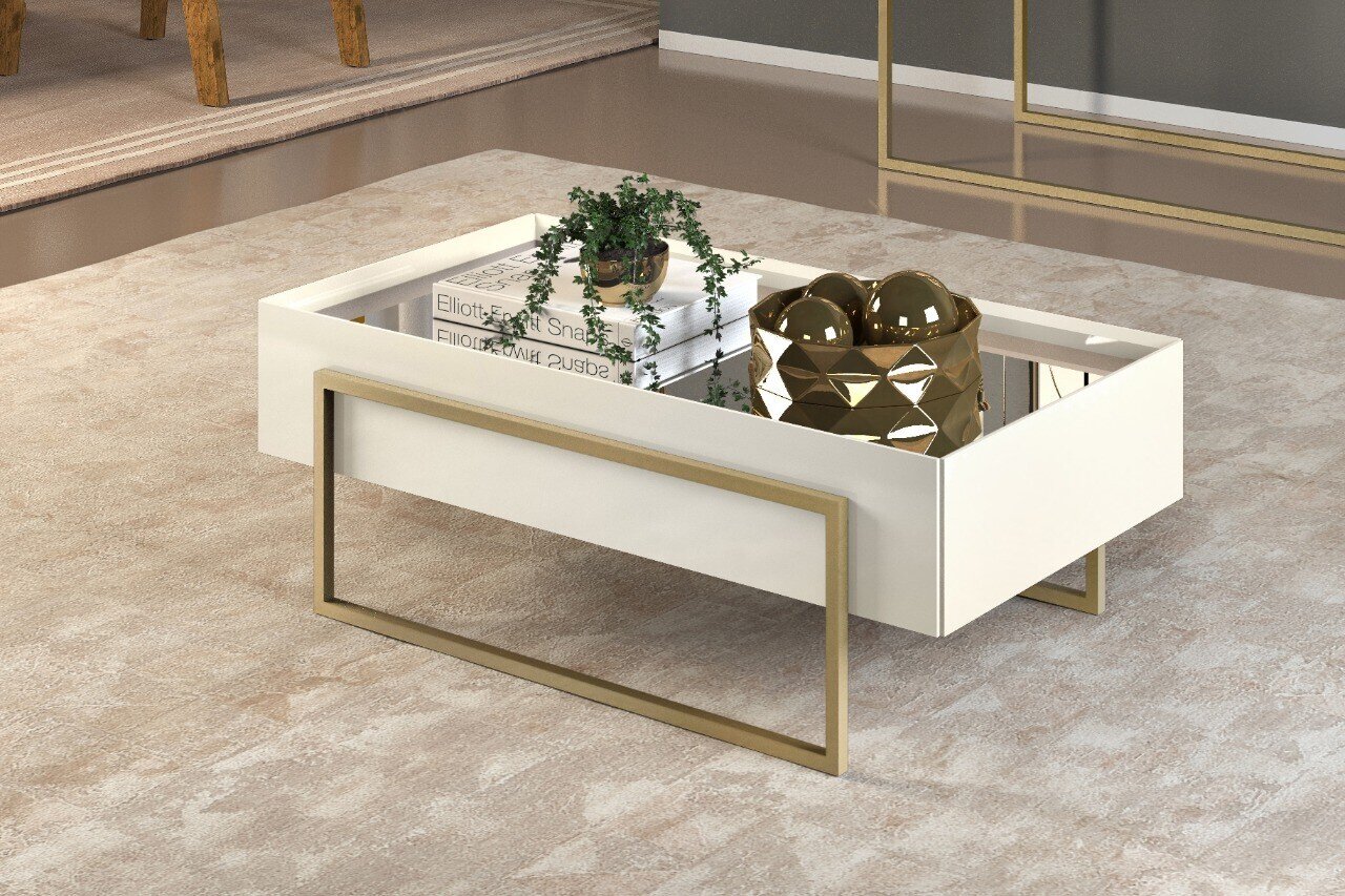 Mesa PILAR, baja, metal, espejo, DM blanco roto, 91,5 x 49 cms