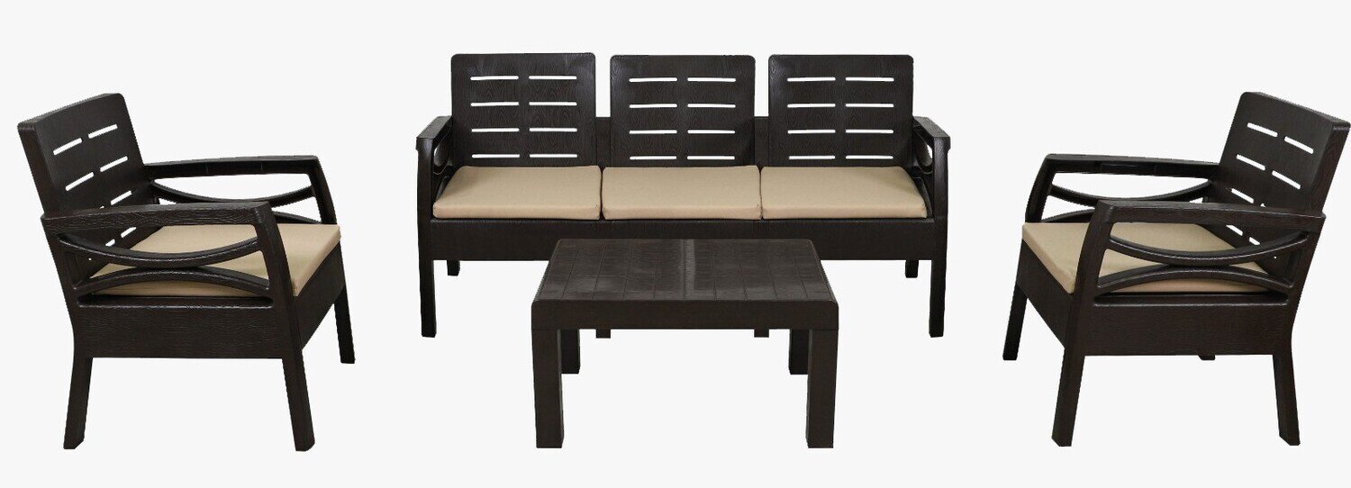 Pack FIONA, 2 sillones, 1 Sof� de 3 plazas y mesa baja, polipropileno MARR�N, coj�n beige