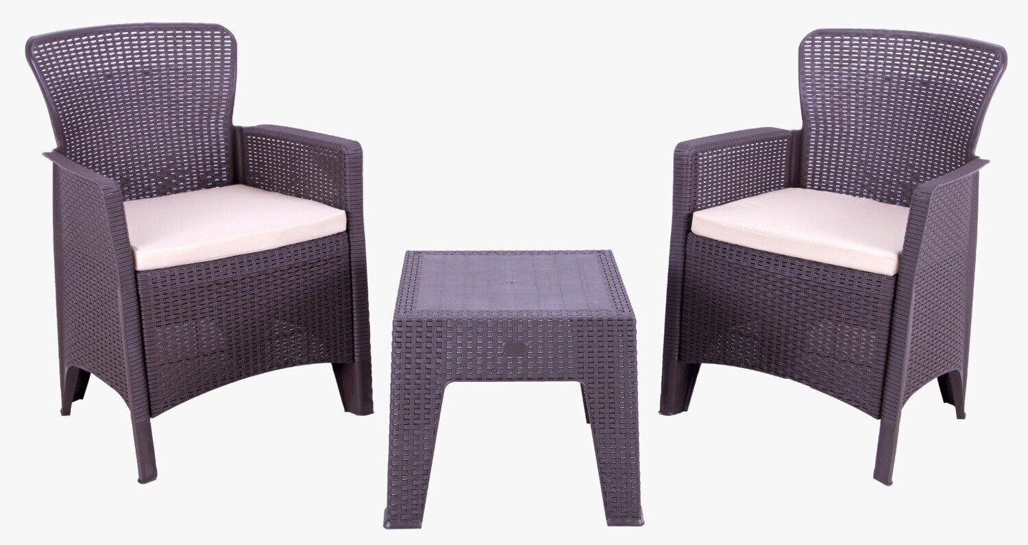 Set EVERLY, 2 sillones y mesa baja, polipropileno MARR�N, coj�n beige