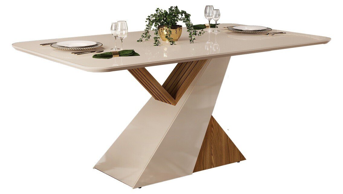 Mesa VEGA, madera, cristal, roble, blanco roto, 180x90 cms