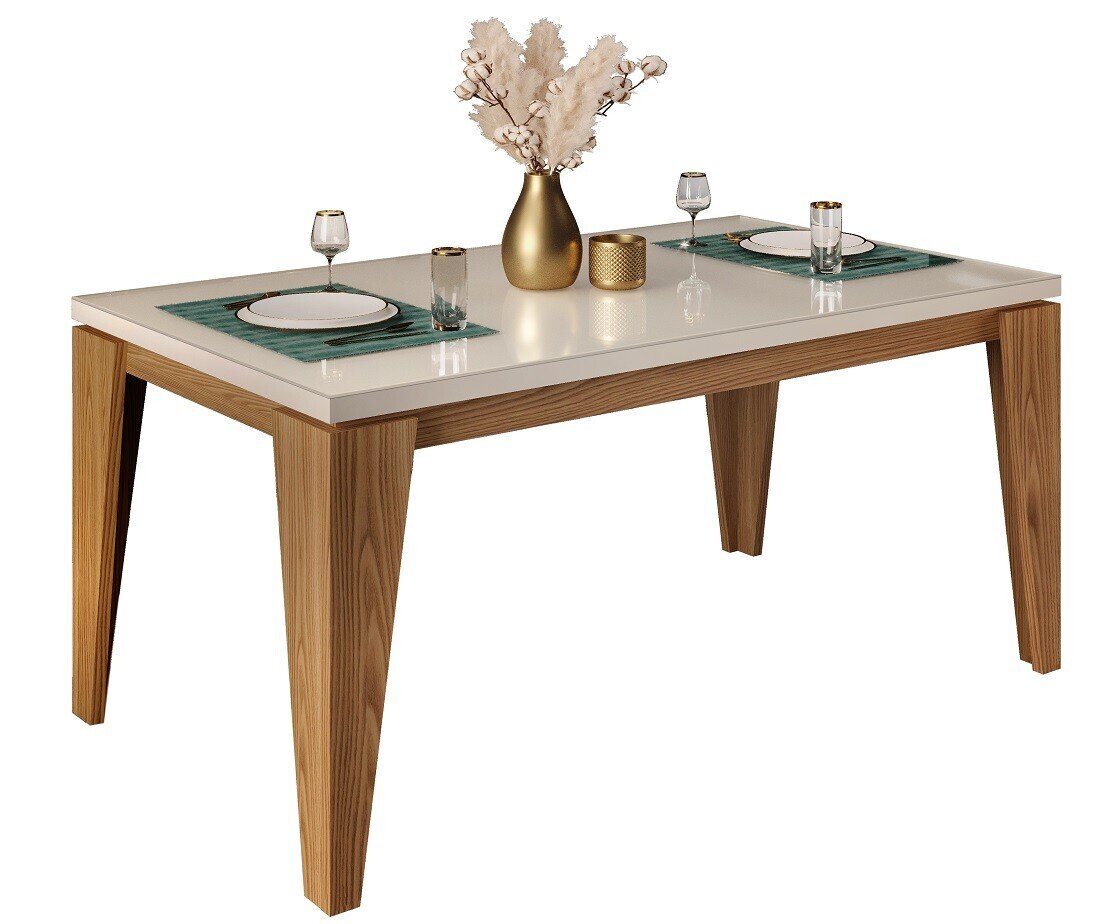 Mesa DORA, madera, cristal, roble y blanco roto, 170x90 cms