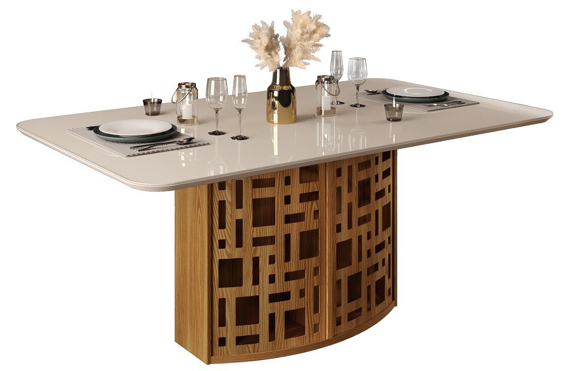 Mesa KALI, madera, cristal, roble y blanco roto, 170x90 cms