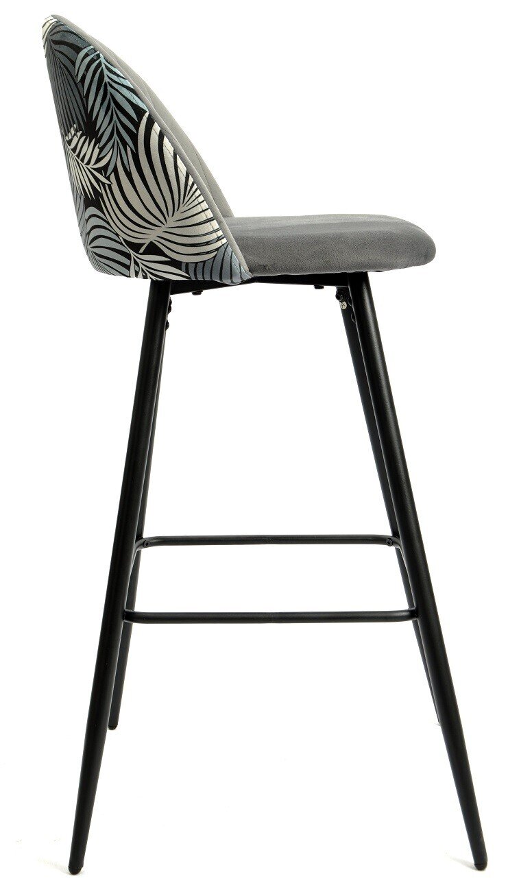 Taburete FLORAL, metal, tapizado velvet gris con trasera floral a juego