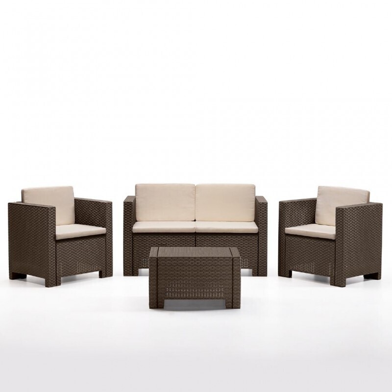 Conjunto ACACIA, 2 sillones, 1 Sof� de 2 plazas y mesa baja, polirat�n chocolate, cojines incluidos