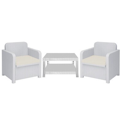 Conjunto C�RCEGA, 2 Sillones + mesa, poli Rat�n blanco, cojines