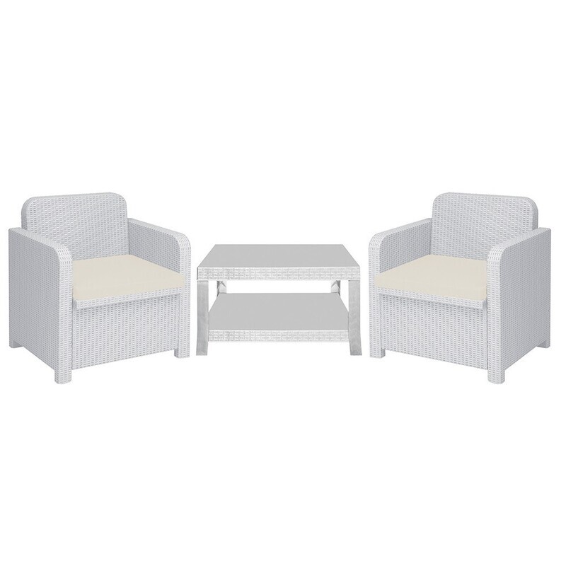 Conjunto C�RCEGA, 2 Sillones + mesa, poli Rat�n blanco, cojines