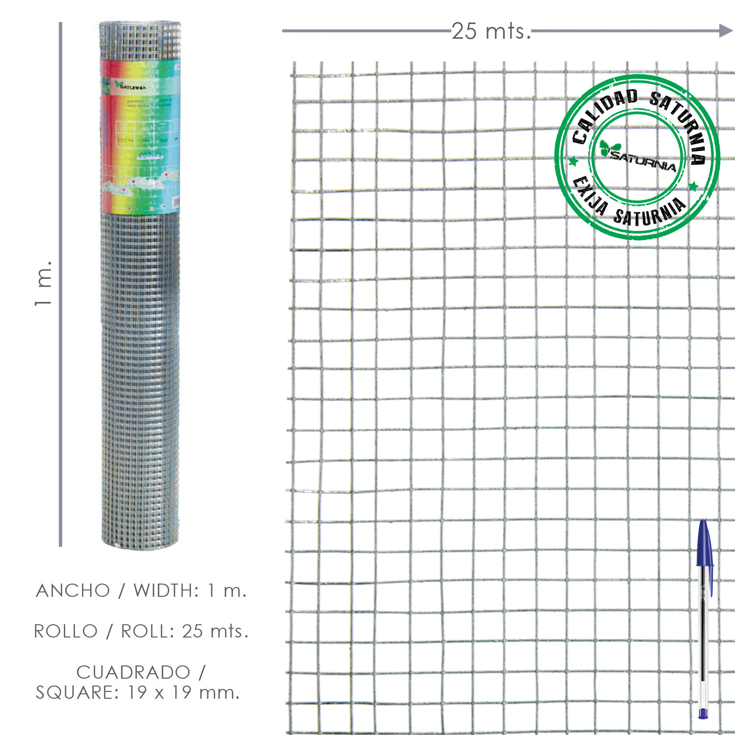 Malla Electrosoldada Galvanizada 25x25 / 1,60 / 100 cm. GD Rollo 25 metros.