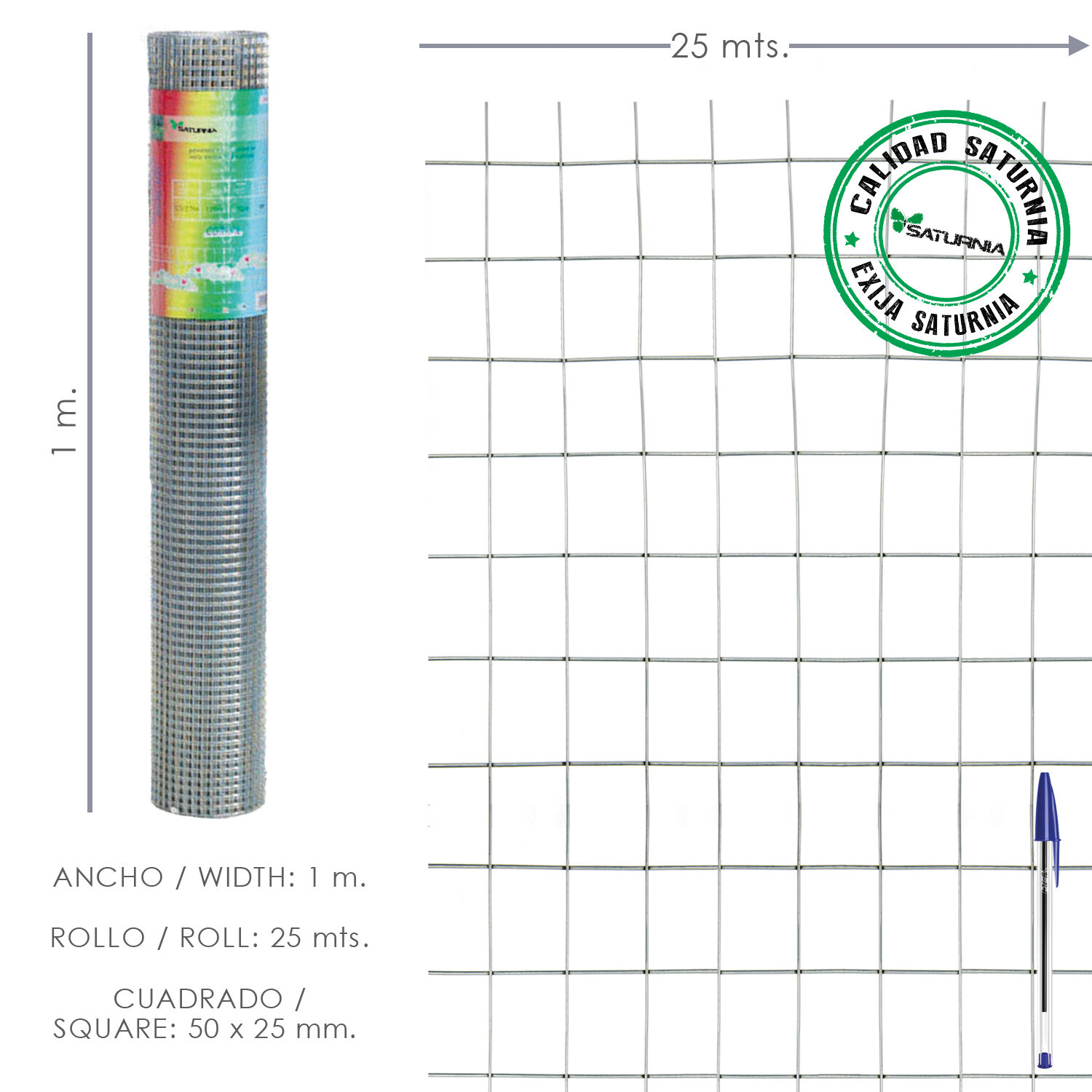 Malla Electrosoldada Galvanizada 50x25 / 2,00 / 100 cm. GA Rollo 25 metros