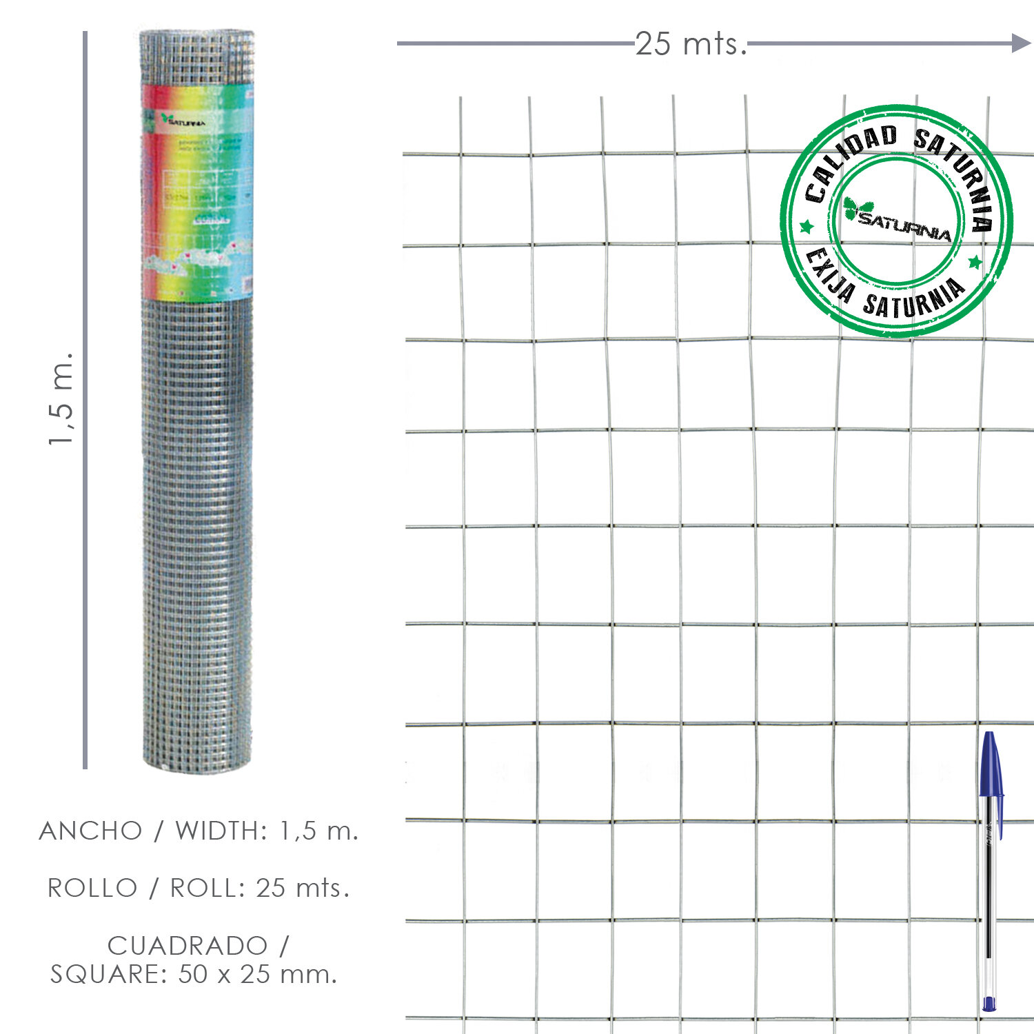 Malla Electrosoldada Galvanizada 50x25 / 2,00 / 150 cm. GA Rollo 25 metros.