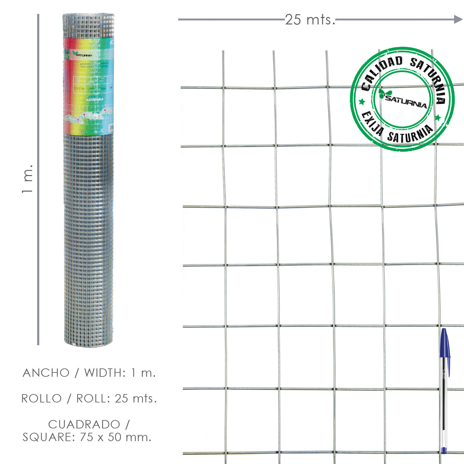 Malla Electrosoldada Galvanizada 75x50 / 1,80 / 100 cm. GA Rollo 25 metros