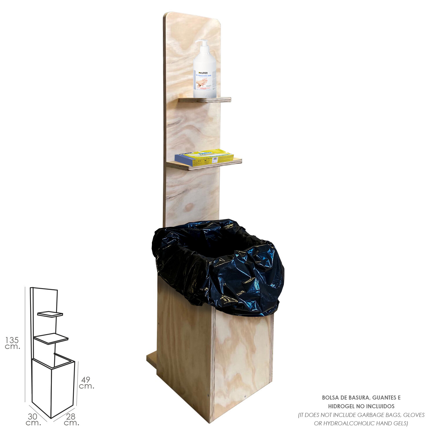 Soporte Con Baldas Para Gel y Guantes, Con Cubo Basura. Altura 135 cm.