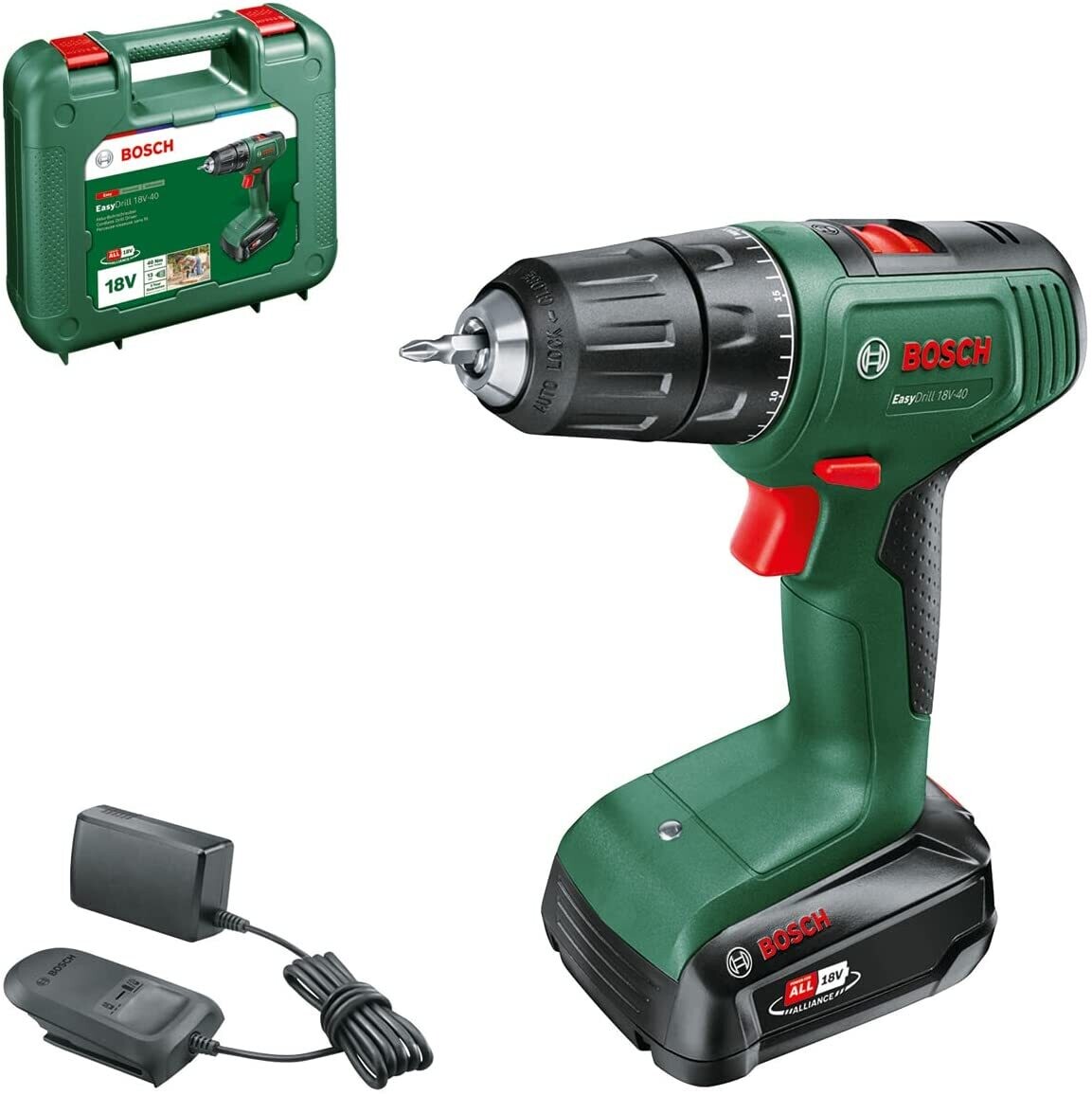 Bosch Profesional atornillador a batería EasyDrill 18V-40, 1 batería de 2,0 Ah, sistema de 18 V, en maletín de transporte