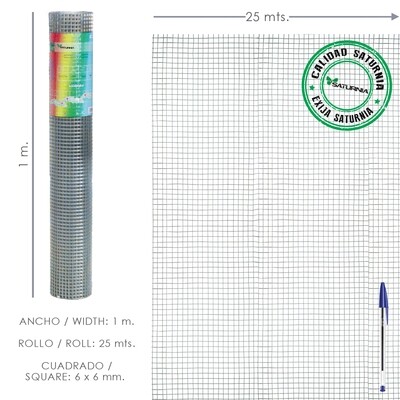 Malla Electrosoldada Galvanizada 6x6 / 100 cm. rollo 25 Metros Uso Domestico