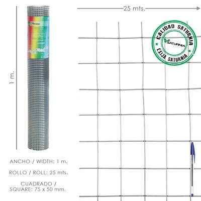 Malla Electrosoldada Galvanizada 75x50 / 1,80 / 100 cm. GA Rollo 25 metros