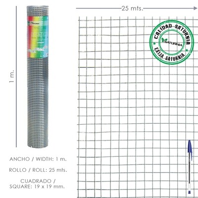 Malla Electrosoldada Galvanizada 25x25 / 1,60 / 100 cm. GD Rollo 25 metros.