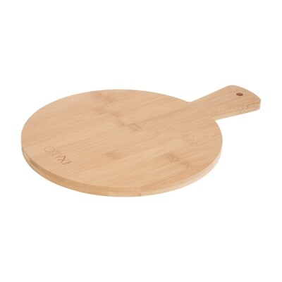 Tabla Cortar Cocina Redonda de Madera de Bambu Con Mango � 26 x 36 cm.