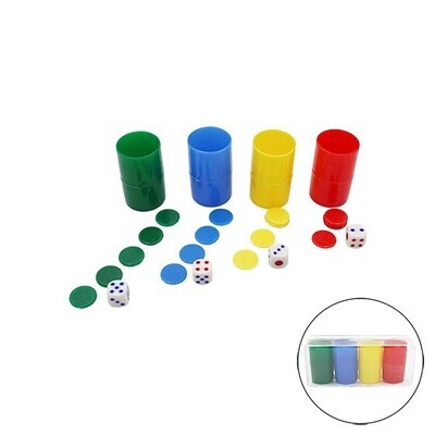 PACK 4 CUBILETES CON FICHAS DE PARCH�S Y DADOS