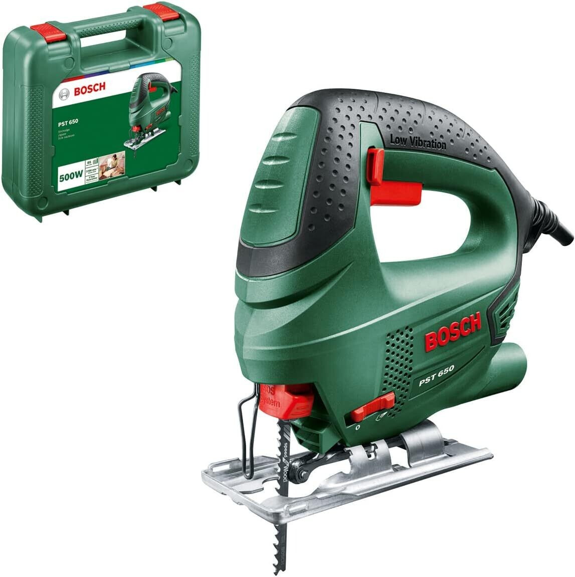 Bosch Home and Garden PST 650 - Sierra de calar 230V (500 W, en maletín), Color Negro/ Verde
