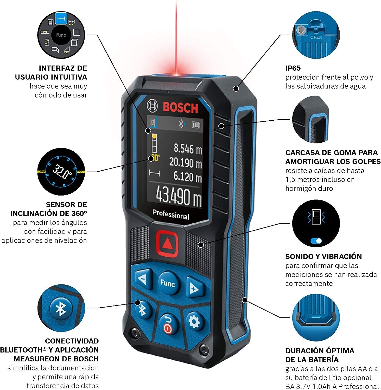 Bosch Professional medidor láser GLM 50-27 C (alcance: hasta 50 m, robusto, IP65, transferencia de datos mediante Bluetooth, 2 pilas AA, correa de sujeción, estuche), Color Azul