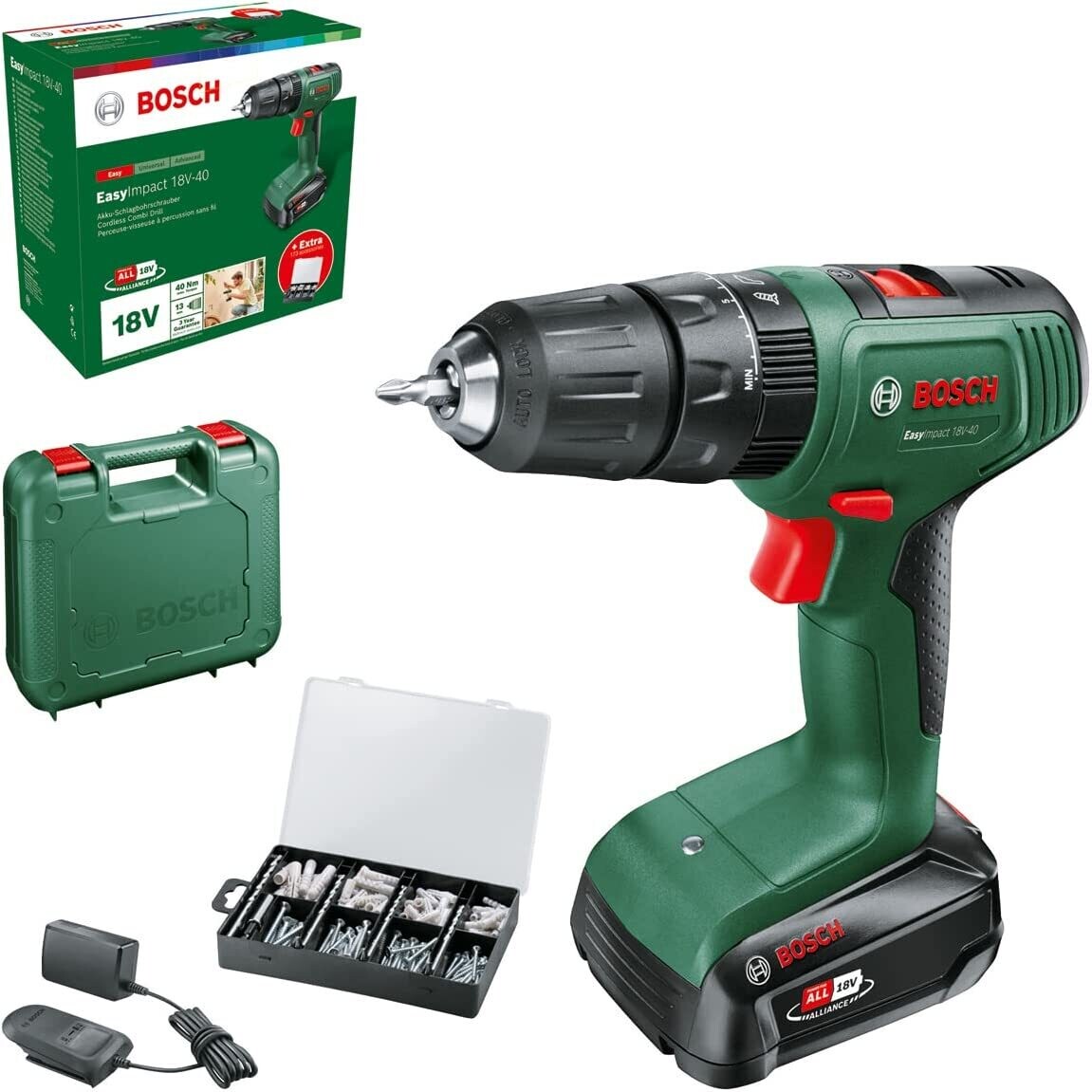 Bosch taladro percutor a batería EasyImpact 18V-40 (1 batería de 2,0 Ah, sistema de 18 V, set de fijación de 173 piezas, en maletín de transporte)