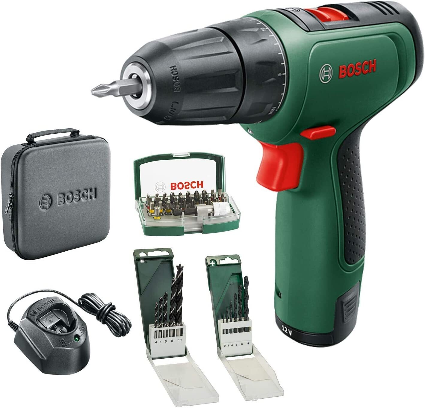 Bosch Home and Garden taladro/atornillador a batería EasyDrill 1200 (batería de 2,0 Ah, sistema de 12 V, juego de brocas y puntas de atornillar, en funda blanda), Color Verde