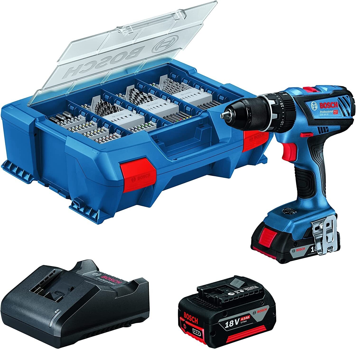 Bosch Professional 18V System GSB 18V-28 - Taladro percutor a batería (63 Nm, 1900 rpm, 1 batería x 2.0 Ah + 1 batería x 4.0 Ah, en maletín Pick & Click con 100 acc.)