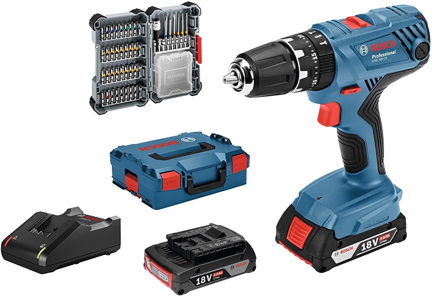 Bosch Professional 18V System GSB 18V-21 - Taladro percutor a batería (55 Nm, 1800 rpm, 2 baterías x 2.0 Ah, set 40 puntas, en L-BOXX)