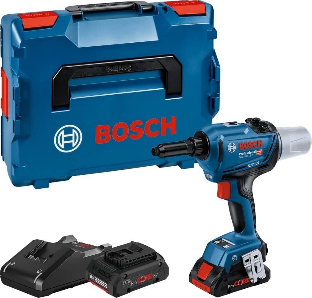 Bosch Professional 18V System GRG 18V-16 C - Remachadora a batería (fuerza 16.000 N, longitud de carrera 25 mm, 2 baterías ProCORE18V x 4.0 Ah, en L-BOXX)