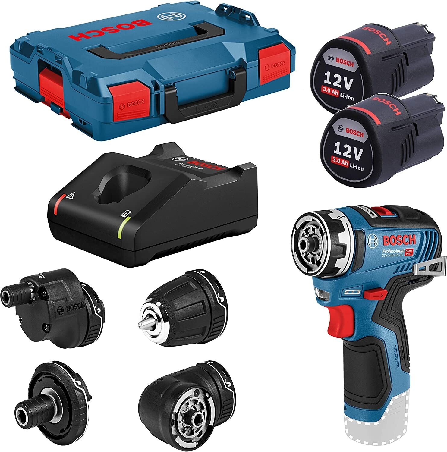 Bosch Professional 12V System GSR 12V-35 FC - Atornillador a batería (35 Nm, 4 cabezales FlexiClick, 2 baterías x 3.0 Ah, en L-BOXX)
