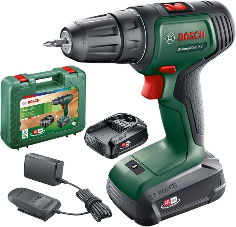 Bosch Home and Garden UniversalDrill - taladro y atornillador a batería, 18V (2 baterías, sistema de 18 V, en maletín), Color Verde