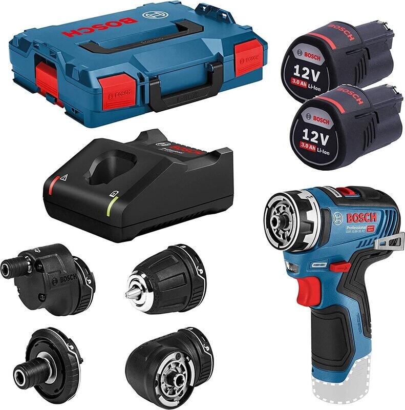 Bosch Professional 12V System GSR 12V-35 FC - Atornillador a batería (Brushless, 35 Nm, 4 cabezales FlexiClick, 2 baterías x 3.0 Ah, en L-BOXX)