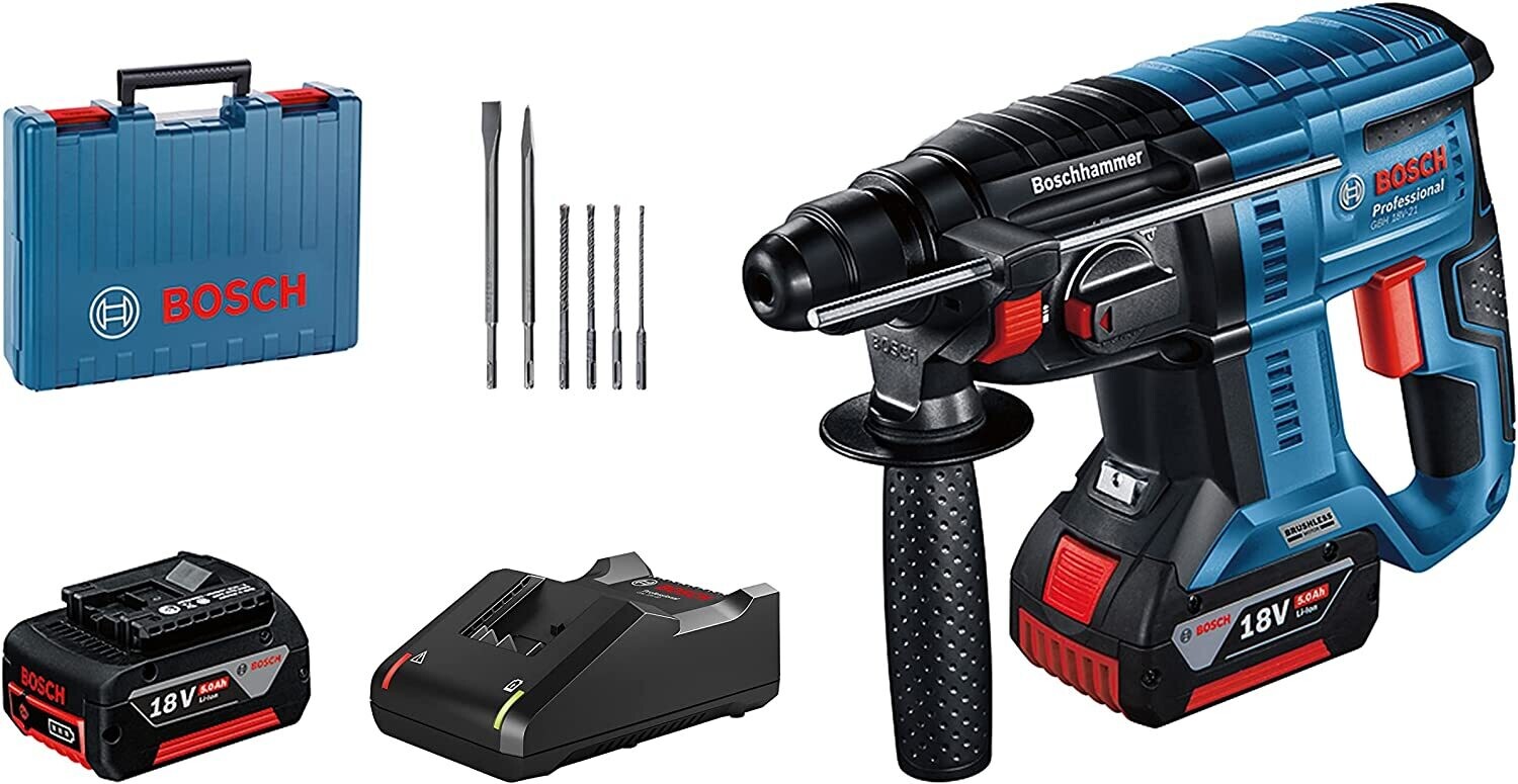 Bosch Professional 18V System GBH 18V-21 - Martillo perforador a batería (Brushless, 2,0 J, Ø máx. hormigón 21 mm, SDS plus, 2 baterías x 5.0 Ah, set 6 acc., en maletín)