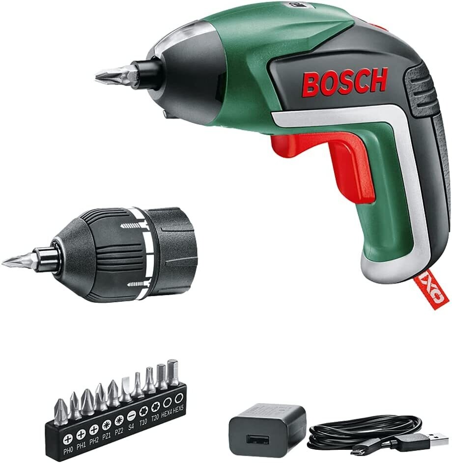 Bosch Home and Garden 06039A800U Bosch Atornillador IXO(5.ª generación, batería integrada de 3,6 V, Accesorio de par de Giro, 10 Brocas, Cargador USB, en Caja de carton)