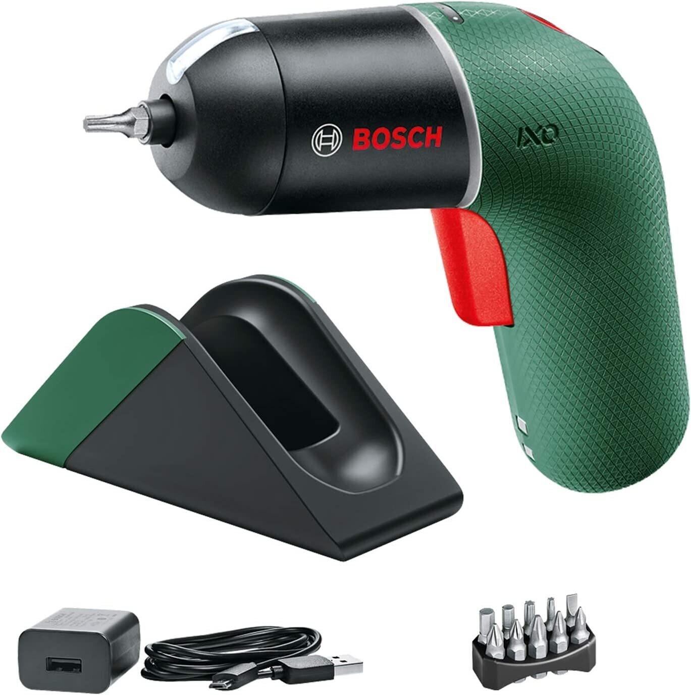 Bosch atornillador a batería IXO Set con estación de carga (6.ª generación, verde, CONTROL DE VELOCIDAD variable, recargable con la estación de carga y el cable micro-USB incluidos)