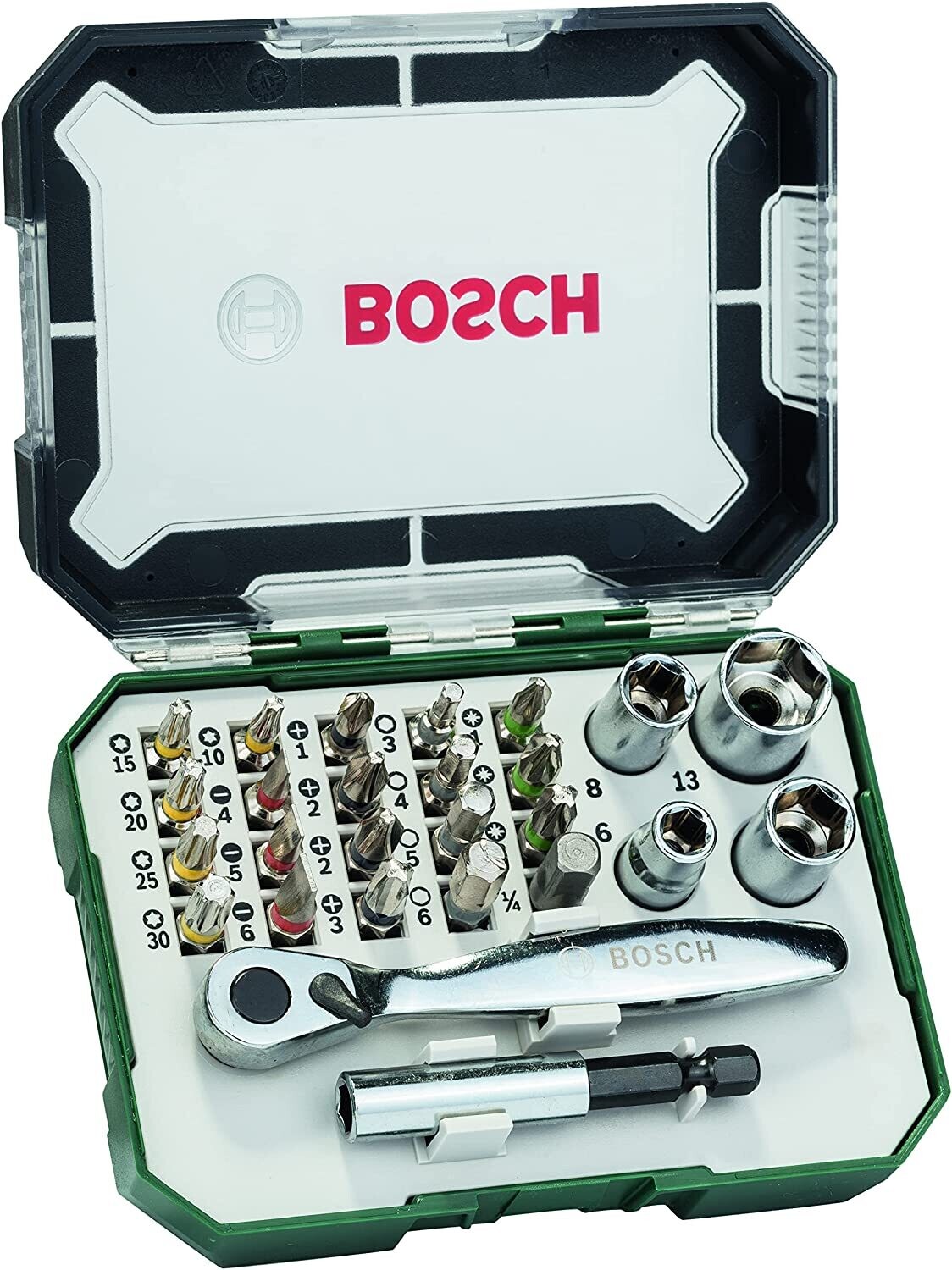 Bosch 26 uds. Set de puntas de atornillar y carraca (puntas PH, PZ, hexagonal, T, S, accesorios para taladro y destornillador)