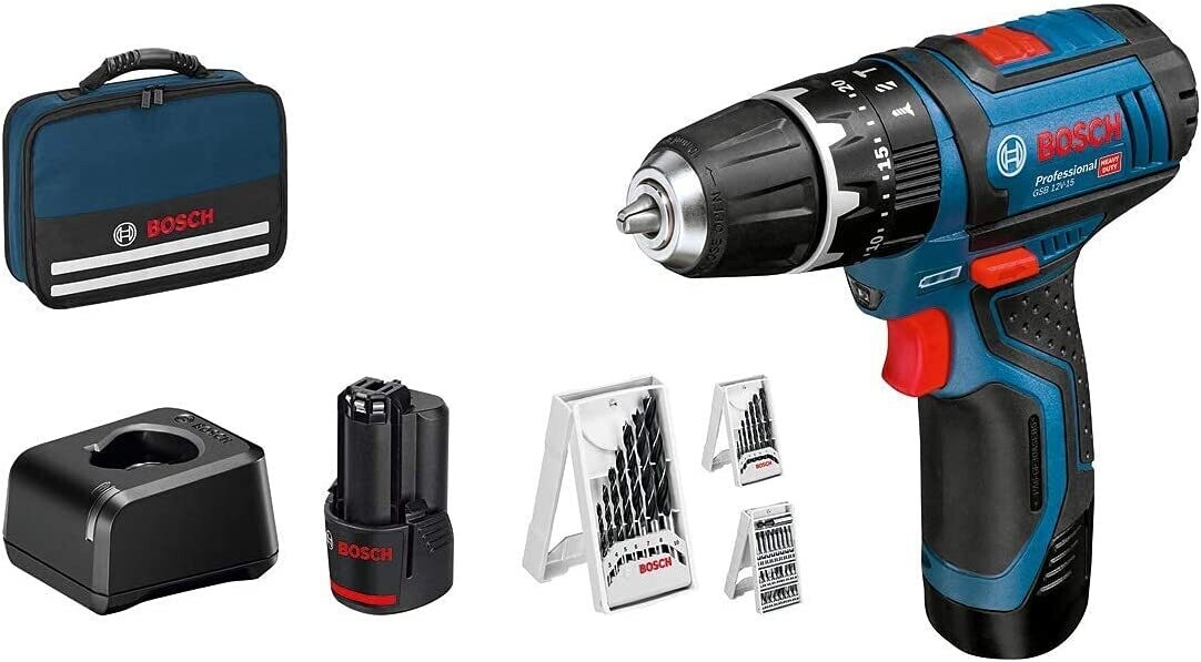 Bosch Professional 12V System GSB 12V-15 - Taladro percutor a batería (30 Nm, 1300 rpm, 2 baterías x 2.0 Ah, set 39 accesorios, en maletín de lona)