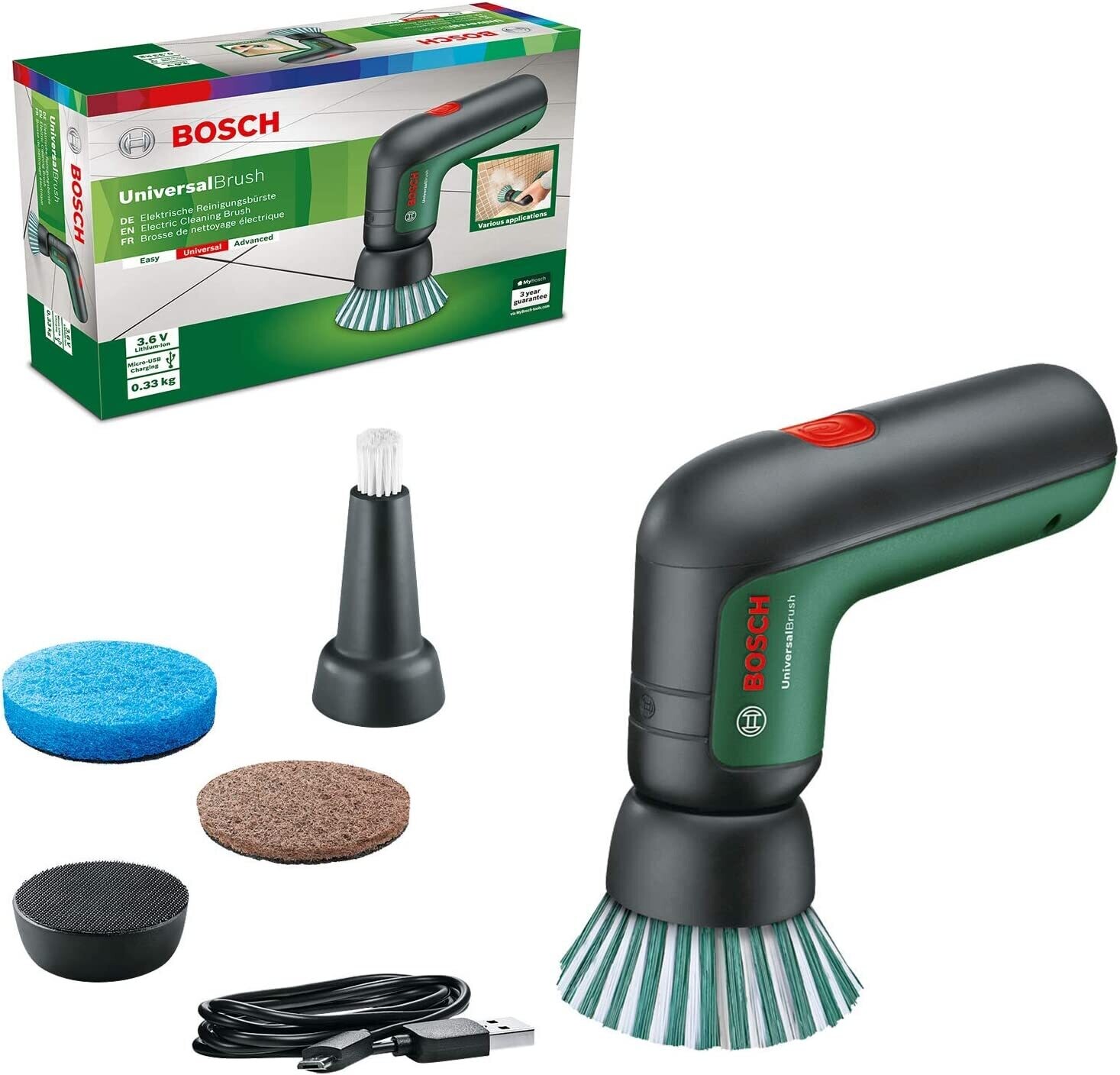 Bosch Home and Garden Cepillo de limpieza eléctrico UniversalBrush (incluye batería de 3,6 V integrada, 1 cable micro USB y 4 accesorios de limpieza, en caja de cartón)