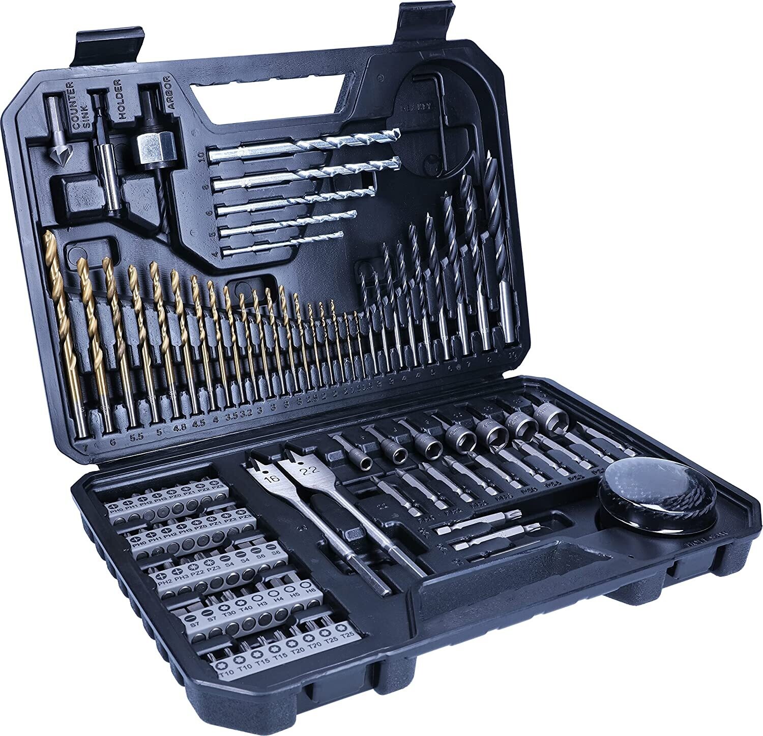 Bosch 103 uds. Set de brocas y puntas de atornillar de titanio (para madera, mampostería y metal, incluye sierras de corona y brocas fresadoras planas, accesorios para taladro y destornillador)