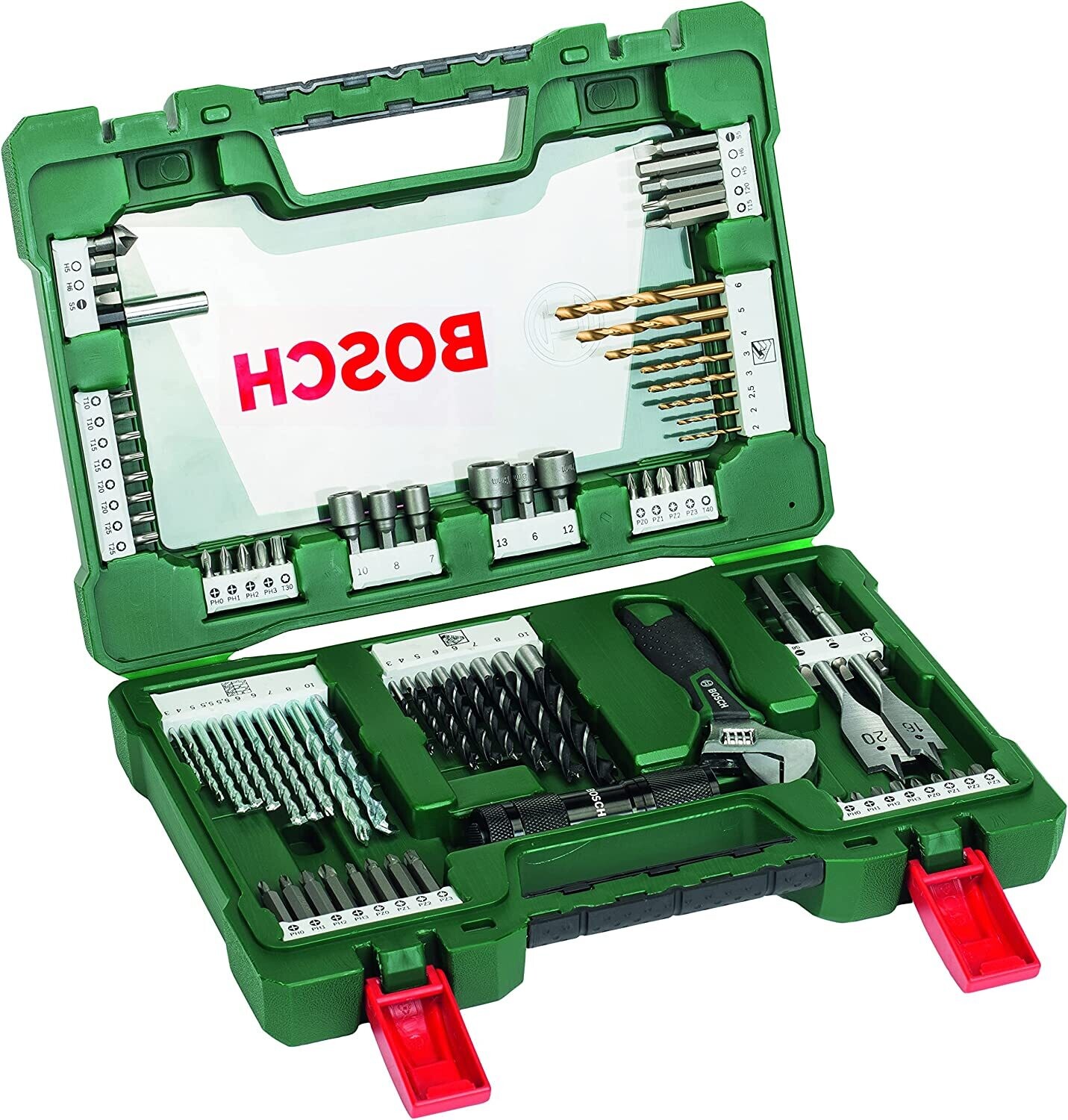 Bosch Maletín de 83 V-Line unidades para taladrar y atornillar (con linterna LED y llave inglesa, para madera, piedra y metal, Accesorios herramientas de perforación y atornillado)