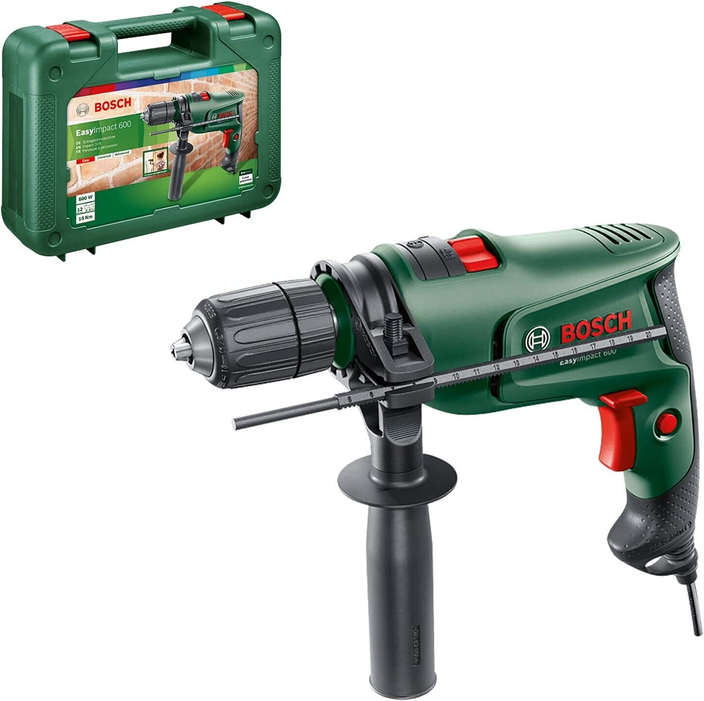 Bosch Home and Garden Taladro percutor eléctrico EasyImpact 600 (600 W, en maletín de transporte), Color Verde