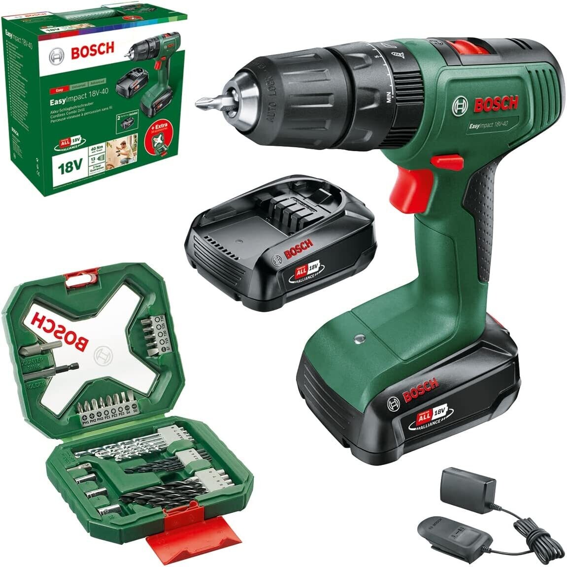 Bosch Home and Garden taladro percutor a batería EasyImpact 18V-40 (2x batería de 2,0 Ah, sistema de 18 V, set de destornilladores y brocas para madera, piedra y metal de 34 piezas, en caja)