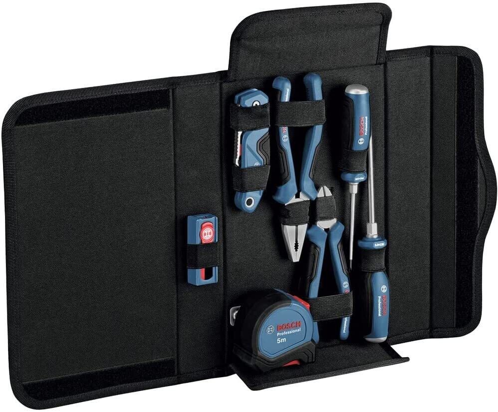 Bosch Professional- Set de herramientas de mano 16 pzs (destornilladores, alicates, cúter, cinta métrica, en estuche)