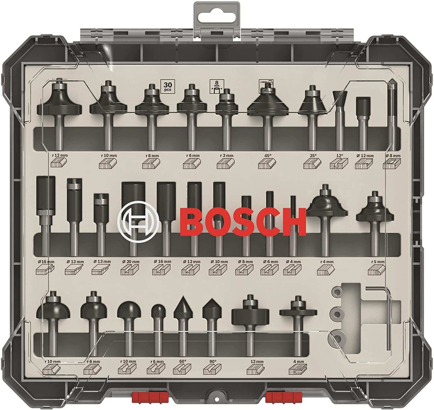 Bosch Professional Set Mixto de Brocas Fresadoras de 30 Piezas (para madera, vástago de Ø 8 mm, Accesorios Fresadoras)